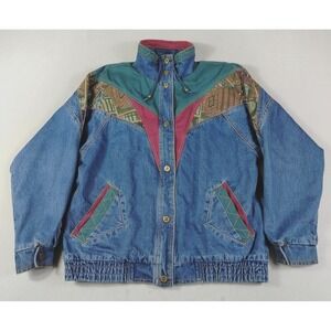 Vintage Current Seen Jacket Mens Medium Blue Denim Teacher Colorblock Bomber 90s